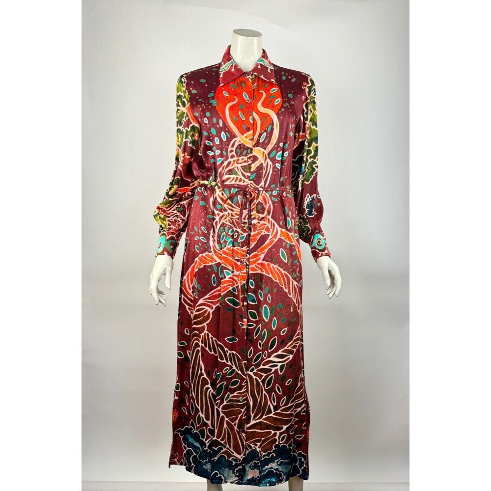 Carolina K Vic‎ Waist-Tie Printed Maxi Shirtdress Women XS Long Sleeve Collared